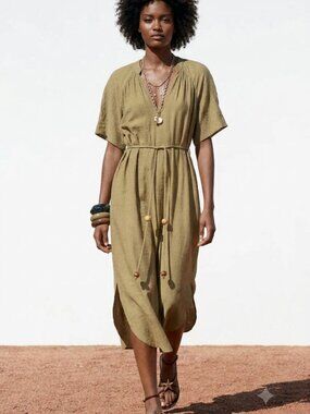 ZARA KHAKI Olive Crinkle V-NECK SHORT SLEEVES MIDI DRESS WITH BEADED BELT SIZE M